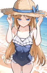 Rule 34 | 1girl, absurdres, alternate costume, bare shoulders, blonde hair, blue eyes, breasts, cartethyia (wuthering waves), casual one-piece swimsuit, closed mouth, collarbone, commentary, covered navel, english commentary, hands on headwear, hat, highres, long hair, looking at viewer, mole, mole on breast, ocean, one-piece swimsuit, outdoors, parted bangs, pointy ears, revision, ryeon (naturesan), shore, sidelocks, small breasts, solo, straw hat, swimsuit, tacet mark (wuthering waves), thighs, very long hair, wuthering waves