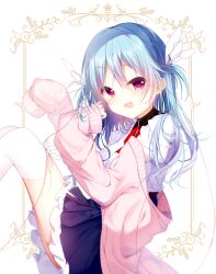 1girl amatsuka_nanana belt black_belt black_collar black_skirt blue_hair blush cardigan collar commentary double-parted_bangs eyes_visible_through_hair fang feet_out_of_frame frilled_shirt_collar frilled_skirt frills from_side fuwa_mochiri hair_between_eyes hair_ornament hair_over_shoulder hair_ribbon hands_up highres knees_up long_hair looking_at_viewer making-of_available meikei_no_lupercalia miniskirt neck_ribbon open_cardigan open_clothes open_mouth pink_cardigan pink_ribbon pleated_skirt red_eyes red_ribbon ribbon shirt simple_background sitting skirt sleeves_past_fingers sleeves_past_wrists smile solo thighhighs two_side_up white_background white_shirt white_thighhighs x_hair_ornament zettai_ryouiki