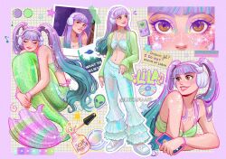 1girl aqua_hair blue_bra blue_pants bra brown_eyes cd cellphone character_name closed_eyes english_text gradient_hair green_bra green_jacket holding holding_phone jacket lila_(luztapiaart) long_hair looking_to_the_side luztapiaart mermaid monster_girl multicolored_hair multiple_views open_clothes open_jacket original pants phone purple_hair shoes smartphone standing twintails two-tone_hair underwear white_shoes