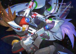 2boys armor axl_(mega_man) black_armor black_background brown_hair cross_scar dual_wielding finger_on_trigger glint glowing green_eyes helmet holding long_hair male_focus mega_man_(series) mega_man_x8 mega_man_x_(series) multiple_boys purple_hair purple_helmet red_eyes red_helmet rotational_symmetry scar scar_on_face spiked_hair white_armor white_axl_(mega_man) white_helmet yamanashi_taiki