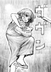 1girl bachi bass_guitar bocchi_the_rock! braid commentary_request dress geta greyscale grin hand_tattoo highres hiroi_kikuri instrument long_hair looking_at_viewer monochrome music omo-rom playing_instrument plectrum sharp_teeth smile solo standing standing_on_one_leg tattoo teeth