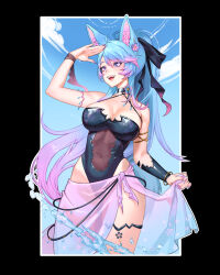 Rule 34 | 1girl, ahoge, animal ears, bangle, black leotard, black ribbon, blue hair, blue nails, blue sarong, blue sky, boshke, bracelet, breasts, cleavage, cloud, covered navel, floral print leotard, floral print sarong, gamer supps, gradient hair, gradient nails, gradient sarong, hair ribbon, hand up, highres, indie virtual youtuber, jewelry, leotard, multicolored hair, open mouth, pink hair, pink nails, pink sarong, purple eyes, ribbon, sarong, see-through clothes, see-through leotard, silvervale, sky, solo, water, wolf ears, wolf girl
