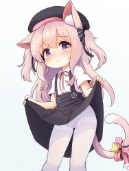 1girl absurdres animal_ear_fluff animal_ears azur_lane bell black_hat black_skirt blush bow cat_ears cat_girl cat_tail closed_mouth clothes_lift commentary flat_chest hat highres jingle_bell kisaragi_(azur_lane) kisaragi_(retrofit)_(azur_lane) lifting_own_clothes loli long_hair neck_ribbon official_alternate_costume pantyhose pink_bow pink_hair pink_ribbon purple_eyes ribbon shirt shoboimu short_sleeves simple_background skirt skirt_lift solo suspender_skirt suspenders tail tail_bell tail_bow tail_ornament thighband_pantyhose two_side_up white_background white_pantyhose white_shirt
