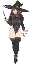 1girl :d black_boots black_hat blush boots breasts brown_hair dated full_body hair_between_eyes hat highleg highleg_leotard highres holding holding_wand houtengeki huge_breasts large_hat leotard long_hair long_sleeves open_mouth original purple_eyes purple_leotard simple_background smile solo standing thigh_boots thighs wand white_background witch_hat
