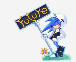 1boy absurdres alternate_costume animal_ears artzyfiz blue_fur closed_eyes flower frown furry furry_male hand_in_pocket hedgehog_boy highres holding holding_sign hood hoodie kingdom_hearts kingdom_hearts_i road_sign sign solo sonic_(series) sonic_cd sonic_the_hedgehog sonic_the_hedgehog_(classic) white_background