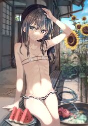 1girl bad_id bad_twitter_id bikini black_hair breasts brown_eyes collarbone day flower food fruit grin hose loli long_hair micro_bikini naughty_face navel original ozzzzy porch shouji sitting sliding_doors small_breasts smile solo summer sunflower swimsuit water watermelon watermelon_slice