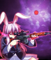 1girl aiming animal_ears blazer bullpup dragunov_svd female_focus finger_on_trigger glowing glowing_eyes gun jacket long_hair moon necktie purple_hair rabbit_ears red_eyes red_moon red_necktie reisen_udongein_inaba rifle satou_yuuki skirt sniper_rifle solo suppressor touhou weapon