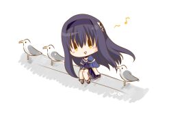 1girl bird black_hair blue_capelet blue_dress blue_hairband blush bone_hair_ornament breasts capelet chibi cleavage dress frilled_capelet frills full_body hair_ornament hairband highres kushima_kamome long_hair looking_at_viewer musical_note open_mouth seagull shoes simple_background sitting skull_and_crossbones skull_hair_ornament solo summer_pockets ura_(ura-tennislove) white_background yellow_eyes