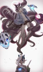 absurdres blonde_hair blue_eyes blue_fire blue_jacket blunt_bangs cosplay fire frisk_(undertale) frisk_(undertale)_(cosplay) gradient_hair hare_nitsuki highres hololive hololive_english hood hoodie jacket knife long_hair long_sleeves multicolored_hair multiple_girls ninomae_ina&#039;nis open_mouth orange_hair pointy_ears purple_hair sans_(undertale) sans_(undertale)_(cosplay) shiranui_flare shirt skirt skull slippers smile tentacle_hair tentacles undertale very_long_hair virtual_youtuber white_shirt