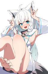 1girl :d ahoge animal_ear_piercing animal_ears aqua_eyes armpits barefoot black_shorts blue_neckerchief blush braid breasts commentary crossed_bangs detached_sleeves double-parted_bangs double_fox_shadow_puppet eru_(l_illust45) fangs feet foot_focus fox_ears fox_girl fox_shadow_puppet fox_tail hair_between_eyes hands_up highres hololive hood hooded_vest hoodie long_hair looking_at_viewer low_ponytail medium_breasts neckerchief open_mouth ponytail shirakami_fubuki shirakami_fubuki_(1st_costume) short_shorts shorts side_braid simple_background single_braid sitting skin_fangs smile soles solo symbol-only_commentary tail toes vest virtual_youtuber white_background white_hair white_sleeves wide_sleeves