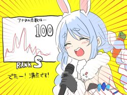 1girl ^_^ animal_ear_fluff animal_ears bare_shoulders black_gloves black_leotard blue_hair braid carrot_hair_ornament closed_eyes commentary_request detached_sleeves don-chan_(usada_pekora) dress food-themed_hair_ornament fur-trimmed_gloves fur_trim gloves hair_ornament highres holding holding_microphone hololive kiritoma leotard long_hair microphone puffy_short_sleeves puffy_sleeves rabbit_ears short_eyebrows short_sleeves simple_background solo strapless strapless_dress strapless_leotard tears thick_eyebrows translation_request twin_braids twintails upper_body usada_pekora usada_pekora_(1st_costume) very_long_hair virtual_youtuber white_dress white_hair white_sleeves yellow_background