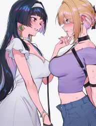 2girls absurdres alternate_costume arm_strap arms_behind_back astra_yao black_hair blonde_hair blush bracelet breasts colored_inner_hair dress earrings evelyn_chevalier from_side hair_ornament hairband hand_on_another&#039;s_chin highres jewelry large_breasts long_hair looking_at_another mole mole_under_eye multicolored_hair multiple_girls necklace o-ring paid_reward_available pants parted_lips purple_eyes purple_shirt qiandaiyiyu red_eyes ring shirt short_sleeves simple_background smile sweat white_background white_dress white_hairband yuri zenless_zone_zero