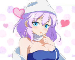 1girl blue_eyes blurry blurry_background blush breasts cato_(monocatienus) commentary_request finger_to_mouth hat heart highres large_breasts letty_whiterock looking_at_viewer open_mouth purple_hair scarf short_hair simple_background solo touhou upper_body white_background white_hat white_scarf