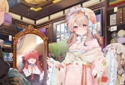 Rule 34 | 4girls, :d, :o, ^ ^, anna (ikeuchi tanuma), black bow, blue bow, blush stickers, bonnet, bow, brown hair, center frills, clenched hands, closed eyes, clothes shop, covered face, floral print, frilled kimono, frills, hair bow, hat, highres, ikeuchi tanuma, japanese clothes, juliet sleeves, kimono, lace, lace-trimmed kimono, lace trim, lolita fashion, long sleeves, maid, mirror, mob cap, multiple girls, open mouth, original, out of frame, pink eyes, pink kimono, puffy sleeves, red eyes, reflection, small sweatdrop, smile, thumbs up, tino ashberry, underbust, wa lolita, white bow, wide sleeves