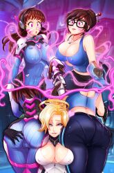 Rule 34 | 3girls, absurdres, ass, blonde hair, blue eyes, bodysuit, breasts, brown hair, cameltoe, cleavage, d.va (overwatch), dat ass (meme), facial mark, female focus, female pervert, girl sandwich, glasses, gloves, grabbing another&#039;s ass, groping, hair bun, halo, heart, highres, hmage, jewelry, large breasts, long hair, mei (overwatch), mercy (overwatch), mind control, multiple girls, necklace, overwatch, overwatch 1, pants, pervert, pink eyes, ponytail, sandwiched, smelling, staff, sweatpants, tank top, yuri