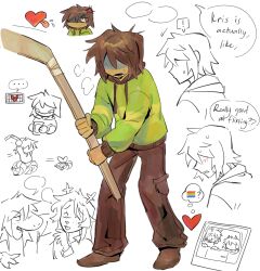 ! ... 1other 2girls anger_vein antlers black_hood black_pants brown_hair brown_shoes cage commentary deer_antlers deer_girl deltarune english_commentary english_text goomyloid green_sweater heart highres holding_hockey_stick horns kris_(deltarune) monster_girl multiple_girls noelle_holiday open_mouth pants photo_(object) rainbow_flag shoes short_hair speech_bubble spoken_ellipsis spoken_exclamation_mark susie_(deltarune) sweater thought_bubble tongue tongue_out