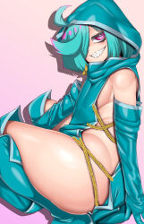 1girl anemo_nemo blue_boots blue_gloves blue_hair boots elbow_gloves gloves gradient_background grin hair_over_one_eye hood knee_boots leberblume loincloth looking_at_viewer love0craft mahou_shoujo_ni_akogarete multicolored_hair pink_background pink_hair purple_eyes revealing_clothes sharp_teeth short_hair simple_background sitting smile smug solo squatting teeth two-tone_hair