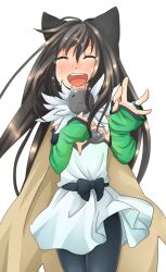 1girl :d alchemist_(ragnarok_online) alternate_color animal_ears black_hair black_pantyhose blush brown_cape cape cat_ears cat_girl closed_eyes commentary_request cowboy_shot crying detached_sleeves dress flat_chest fur_collar green_sleeves jewelry long_hair meiko_(nattu303) open_mouth pantyhose ragnarok_online ring short_dress simple_background smile solo strapless strapless_dress thumb_hole_sleeves white_background white_dress