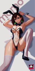 animal_ears ayase_momo bare_hips breasts brown_eyes brown_hair cameltoe commentary dandadan english_commentary eyelashes high_heels highres large_breasts leotard looking_at_viewer lying on_back pantyhose playboy_bunny rabbit_ears see-through_clothes shiny_skin spread_legs stiletto_heels sweat themaker thick_eyebrows thighhighs white_pantyhose