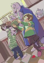 1boy 1girl 1other androgynous animal_ears asriel_dreemurr black_eyes black_pants blush_stickers body_fur brown_hair brown_pantyhose brown_shorts carrying_overhead chara_(undertale) checkered_floor child dress dutch_angle family fangs floppy_ears food from_below furry furry_female furry_male goat_boy goat_ears goat_girl goat_horns green_sweater highres holding holding_plate holding_teapot holding_tray horns indoors kitchen long_sleeves open_mouth pants pantyhose pie pie_slice pink_slippers plate purple_dress short_hair shorts slippers smile standing sweater teapot toriel tray udohepu undertale white_fur |_|