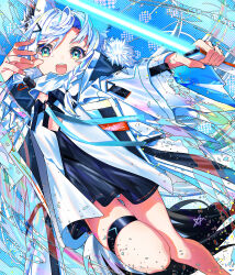 Rule 34 | 1girl, ahoge, animal ear fluff, animal ears, black dress, braid, breasts, commentary request, dress, earrings, fox ears, fox girl, fox tail, green eyes, hair between eyes, hair ornament, hairclip, highres, hiyashinssu, holding, holding sword, holding weapon, hololive, jacket, jewelry, leg up, long hair, looking at viewer, open mouth, panties, pantyshot, pentagram, shirakami fubuki, shirakami fubuki (fubukitek), sidelocks, single braid, skindentation, small breasts, solo, sword, tail, thigh strap, underwear, virtual youtuber, weapon, white hair, white jacket