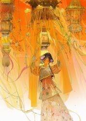 Rule 34 | 1girl, artist name, black hair, chinese clothes, curtains, earrings, falling petals, green eyes, hand fan, highres, holding, holding fan, illumi999, jewelry, lamp, lipstick, long hair, long sleeves, looking at viewer, makeup, original, parted lips, petals, pink petals, signature, solo, traditional clothes, tuanshan, wide sleeves