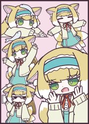 Rule 34 | 1girl, = =, absurdres, arknights, blue hairband, blue skirt, cardigan, closed eyes, commentary request, deal with it (meme), frilled hairband, frills, green eyes, hairband, highres, long sleeves, meme, neck ribbon, nyuda, official alternate costume, open mouth, red ribbon, ribbon, skirt, solo, suzuran (arknights), suzuran (spring praise) (arknights), yellow cardigan