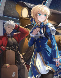 1boy 1girl ahoge aqua_eyes archer_(fate) archer_(honkai:_star_rail)_(fate) artoria_pendragon_(fate) black_pantyhose blue_dress blue_ribbon blush commentary_request cropped_jacket dark-skinned_male dark_skin dress fate/stay_night fate/unlimited_blade_works fate_(series) hair_ribbon hand_on_own_chest honkai:_star_rail honkai_(series) jacket mookyuu9 official_alternate_costume one_eye_closed pantyhose red_jacket ribbon saber_(fate) saber_(honkai:_star_rail)_(fate) smile white_hair
