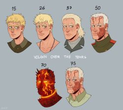 1boy absurdres age_progression alternate_costume alternate_design bara burn_scar character_age cheekbones cropped_head daxratchet english_text fire frown highres lava looking_at_viewer male_focus mature_male metal_gear_(series) metal_gear_solid_3:_snake_eater monster_boy mullet pyrokinesis scar spikes thick_eyebrows upside-down_eyelashes yevgeny_borisovitch_volgin
