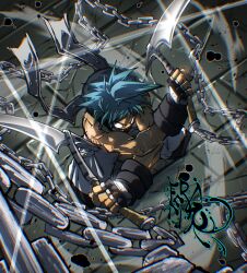 absurdres arm_tattoo baggy_pants black_hood black_star blue_hair chain fergoart fingerless_gloves gloves glowing glowing_eyes highres holding holding_scythe holding_weapon hood hooded_jacket ink_splatter jacket kusarigama male_focus muscular muscular_male no_pupils outstretched_crossed_arms pants scarf scythe sickle signature sleeveless sleeveless_jacket solo soul_eater spiked_hair star_tattoo tattoo weapon white_eyes white_pants white_scarf