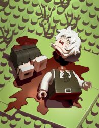 Rule 34 | 1girl, absurdres, black dress, blood, chainsaw man, crying, crying with eyes open, dress, fourth east high school uniform, highres, lego, open mouth, pacpoi, pinafore dress, school uniform, severed torso, shirt, sleeveless, sleeveless dress, solo, tears, white hair, famine devil (chainsaw man), white shirt, yellow eyes