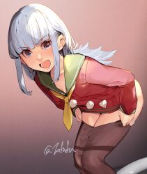 1girl absurdres black_pantyhose blue_eyes blue_hair dress feet_out_of_frame fuwafuwatoufu green_sailor_collar hashtag-only_commentary hatsukaze_(christmas)_(kancolle) hatsukaze_(kancolle) highres kantai_collection long_hair looking_at_viewer neckerchief open_mouth pantyhose red_dress sailor_collar sailor_dress solo twitter_username undressing yellow_neckerchief
