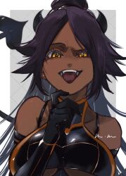 1girl bare_shoulders bleach border breasts collarbone dark-skinned_female dark_skin earrings elbow_gloves fake_horns female_focus gloves hair_ornament horns jewelry large_breasts long_hair mmsb_551 open_mouth parted_bangs ponytail purple_hair shihouin_yoruichi simple_background tail tongue tongue_out underboob upper_body white_border yellow_eyes