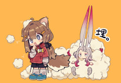 2girls :3 :d @_@ ahoge animal_ear_fluff animal_ears black_shorts blue_eyes blue_shoes blush_stickers brown_hair closed_mouth commentary_request detached_ahoge dog_ears dog_girl dog_tail fox_ears full_body gradient_hair grey_eyes grey_hair grey_shoes grey_socks hair_ornament hairclip hand_on_own_chin highres jacket large_ears layered_sleeves long_hair long_sleeves mamehinata miminoko_(vrchat) multicolored_hair multiple_girls notamaru_2 open_mouth red_hair red_jacket shoes short_over_long_sleeves short_sleeves shorts simple_background smile socks standing sweat tail translated two-tone_hair vrchat yellow_background