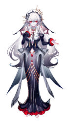 1girl absurdres black_dress breasts dress full_body highres juliet_sleeves long_dress long_hair long_sleeves looking_at_viewer medium_breasts navel original puffy_sleeves red_eyes sheya simple_background smile solo standing veil very_long_hair white_background white_hair
