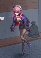 Rule 34 | 1girl, absurdres, alternate costume, angel beats!, arms behind back, ball gag, bdsm, black boots, black bow, black choker, black hairband, black pantyhose, blindfold, blunt bangs, blush, bondage, boots, bound, bound arms, bow, breasts, cap (user dxfj5558), choker, cleavage, collar, collarbone, commentary, covered eyes, crop top, drooling, feather hair ornament, feathers, figure story, full body, gag, gagged, hair bow, hair ornament, hairband, high heel boots, high heels, highres, jacket, jacket on shoulders, knee boots, large variant set, leaning forward, leash, long hair, medium breasts, midriff, miniskirt, mouth drool, nakamura yuri, open clothes, open jacket, pantyhose, pencil skirt, public indecency, purple hair, saliva, shibari, shibari over clothes, shorts, side slit, skindentation, skirt, solo, standing, standing on one leg, thighband pantyhose, v-shaped eyebrows, variant set, wiffle gag