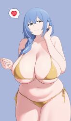 1girl absurdres bikini blue_background blue_hair braid breasts cleavage dp-12_(girls&#039;_frontline) girls&#039;_frontline gold_bikini grey_eyes hair_over_shoulder hand_on_own_cheek hand_on_own_face heart highres huge_breasts medium_hair navel plump sai_skx sainee saiskh side-tie_bikini_bottom skindentation smile solo spoken_heart standing swimsuit
