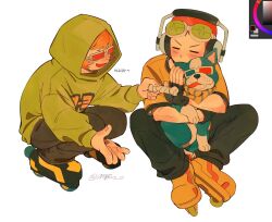 2boys 3d_glasses art_tools_in_frame beat_(jsr) blush closed_eyes color_wheel dog goggles goggles_on_head headphones hood hoodie hug inline_skates jet_set_radio male_focus multiple_boys ombeo_o pots_(jsr) roller_skates shirt simple_background sitting skates smile squatting t-shirt twitter_username white_background y2k_fashion yoyo_(jsr)