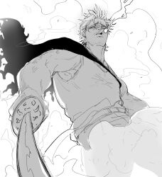 1boy angry black_clover facial_hair fighting_stance foreshortening from_below greyscale highres holding holding_sword holding_weapon male_focus mature_male monochrome muscular muscular_male octo33 short_hair sketch smoke solo stubble sword tank_top tsurime uneven_eyes weapon yami_sukehiro