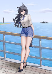 1girl absurdres alter_kamerade animal_ears arknights belt black_belt black_hair black_shoes black_tail blue_necktie blue_shorts buttons chinese_commentary closed_mouth cloud collared_shirt commentary_request day dress_shirt full_body hair_between_eyes high_heels highres horizon lighthouse long_hair military_vehicle necktie no_socks ocean outdoors partial_commentary railing ship shirt shoes shorts sleeves_pushed_up smile solo tail texas_(arknights) warship water watercraft white_shirt wind wolf_ears wolf_girl wolf_tail yellow_eyes