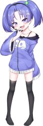 Rule 34 | 1girl, absurdres, black bra, black hairband, black thighhighs, blush, bra, collarbone, discord, fang, female focus, flat chest, frilled bra, frills, full body, hair ornament, hairband, headset, highres, hood, hooded jacket, jacket, long sleeves, looking at viewer, mesugaki, no shoes, nomorakazu, open mouth, original, personification, pigeon-toed, purple eyes, purple hair, purple jacket, short hair, simple background, single bare shoulder, skin fang, solo, spaghetti strap, standing, thighhighs, toes, transparent background, twintails, underwear, wide sleeves
