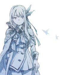 Rule 34 | 1girl, another eden, armor, arms at sides, ascot, blue theme, bug, butterfly, butterfly hair ornament, cape, closed mouth, commentary request, cowboy shot, hair ornament, hatching (texture), insect, isuka (another eden), jacket, linear hatching, long hair, long sleeves, looking at viewer, michibata 65, miniskirt, monochrome, pauldrons, pleated skirt, shoulder armor, simple background, single pauldron, single sidelock, skirt, smile, solo, standing, straight-on, swept bangs, white background