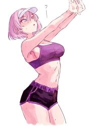 1girl bike_shorts blue_eyes breasts commentary crop_top gridman_universe large_breasts looking_at_viewer midriff mujina official_alternate_costume purple_shorts purple_sports_bra risyo short_hair shorts simple_background solo sports_bra sportswear ssss.dynazenon sweat symbol-only_commentary thighs visor_cap white_background