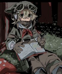 1boy absurdres against_tree androgynous book borrowed_character brown_gloves brown_scarf closed_mouth commission crossed_bangs diarrhea_(artist) dot_nose double-parted_bangs empty_eyes feet_out_of_frame film_grain gloves goggles goggles_on_head grass green_eyes green_shirt grey_hair grey_hat grey_overalls hair_between_eyes hat highres holding holding_pen long_sleeves looking_ahead male_focus messy_hair mushroom muted_color neckerchief on_ground open_book original outdoors overalls pen red_neckerchief scar scar_on_face scar_on_nose scarf second-party_source shirt simple_flower sitting solo tinted_eyewear tree writing