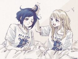2girls alternate_costume blush commentary_request disheveled fukurai_azami hair_down ichi27ichi limited_palette long_hair looking_at_another messy_hair multiple_girls one_eye_closed open_mouth print_shirt reindeer_print shirt short_hair short_sleeves smile t-shirt tomarigi_yasumi toshi_densetsu_kaitai_center toshikai-kun under_covers upper_body