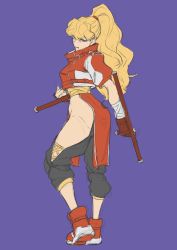 1girl black_pants blonde_hair brown_eyes capcom capcom_vs_snk_2 final_fight final_fight_2 genryuusai_maki gloves highres holding holding_weapon image_sample jacket juaag_acgy long_hair looking_at_viewer ninja pants ponytail purple_background red_gloves red_jacket red_shoes redesign shoes simple_background sketch sneakers solo street_fighter street_fighter_zero_(series) tomboy tonfa weapon