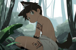 1boy acnhiti arm_tattoo brown_hair child closed_mouth commentary day facial_mark green_eyes kemonomimi_mode leaf male_focus original rain sitting solo symbol-only_commentary tail tattoo topless_male tree tribal wolf_boy wolf_tail