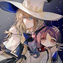 1girl absurdres aesc_(fate) aesc_(rain_witch)_(fate) baobhan_sith_(exhibition_attire)_(fate) baobhan_sith_(fate) baobhan_sith_(swimsuit_pretender)_(fate) baobhan_sith_(swimsuit_pretender)_(third_ascension)_(fate) blonde_hair blue_eyes braid character_doll fate/grand_order fate_(series) hat highres long_hair mingmousuns410 red_brooch robe round_eyewear single_braid solo white_hat white_robe witch_hat