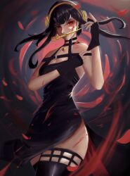 Rule 34 | 1girl, absurdres, black dress, black gloves, black hair, black thighhighs, blood, blood on face, commentary, dress, fingerless gloves, gloves, hairband, highres, hjeusarts, holding, holding weapon, long hair, red eyes, red petals, side slit, solo, spy x family, thighhighs, weapon, yor briar