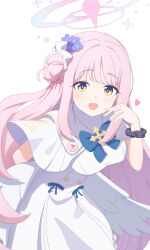 1girl absurdres angel_wings blue_archive blue_bow blue_bowtie blue_ribbon bow bowtie commentary dress fortysansan hair_bun halo heart highres long_hair mika_(blue_archive) open_mouth pink_hair pink_halo ribbon simple_background solo trinity_general_school_logo white_background white_dress wings yellow_eyes